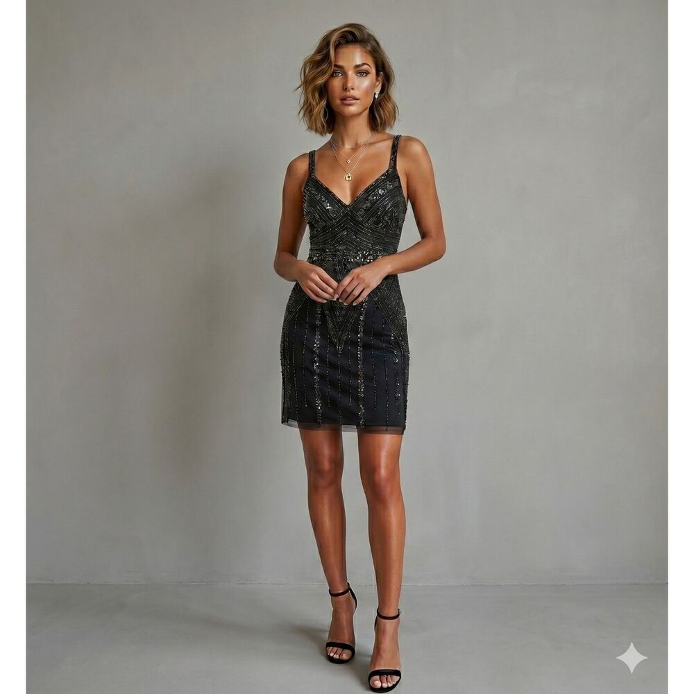 Marina Black Silver Sequin Mini Dress Y2K Beaded Cocktail Party Homecoming Size2